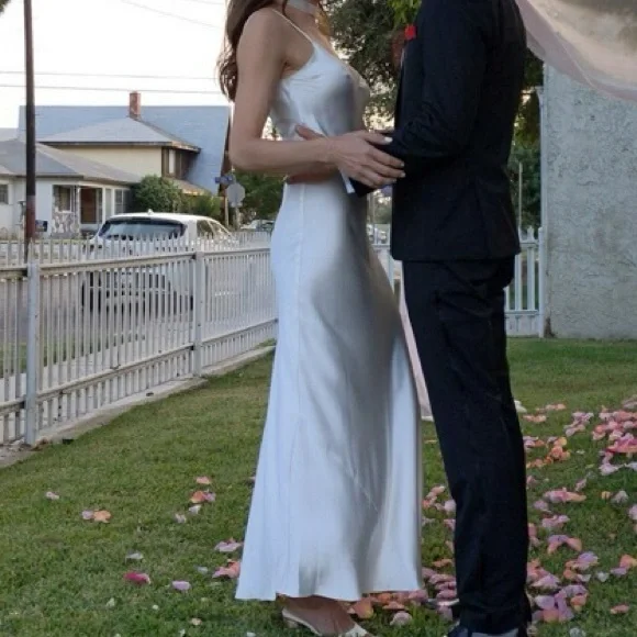 DANNIJO Ivory Satin Slip Dress - Spaghetti Strap Maxi - Picture 15 of 16